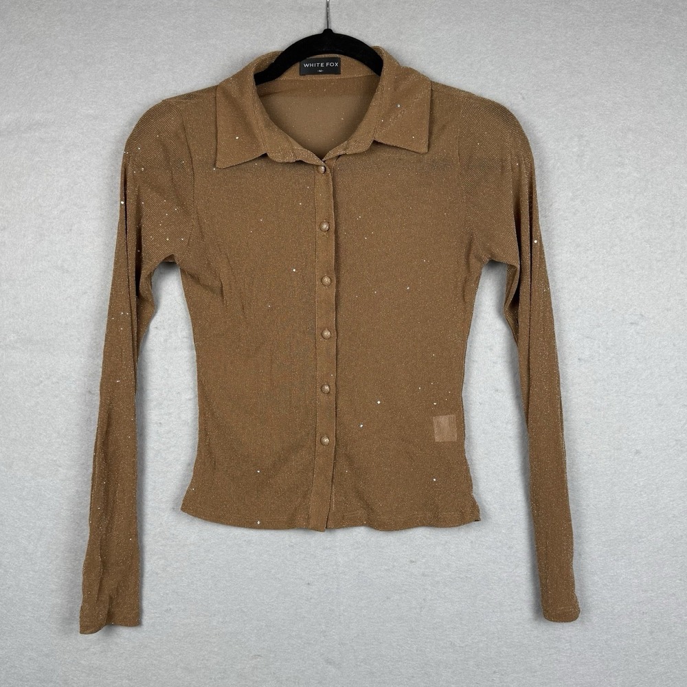 White Fox Womens Tan Sheer Sparkle Long Sleeve Button Up Y2K Top Sz M Whimsygoth